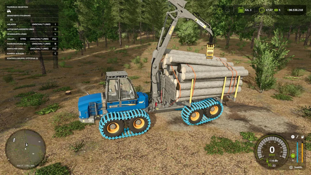 Rottne F20 forestry vehicle mod in FS25 transporting logs in a forest.