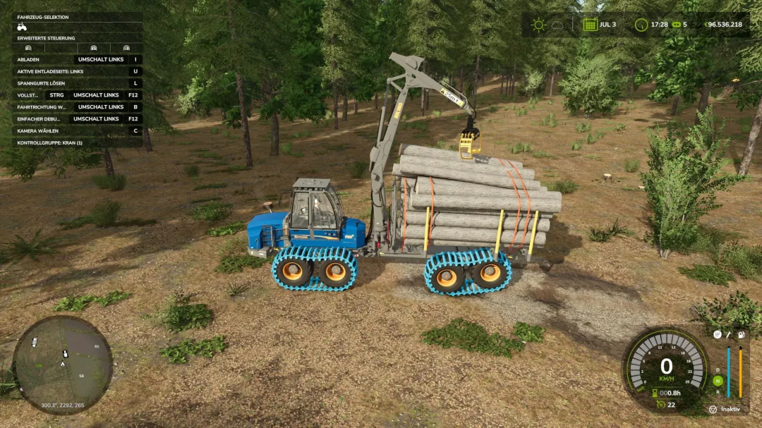 FS25 mod featuring Rottne F20 loading logs in a forest setting, enhancing gameplay realism in Farming Simulator 25.