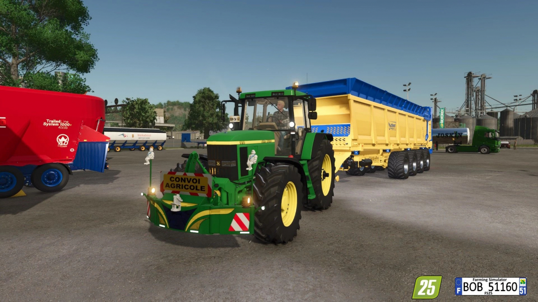 FS25 mod: Tractor with safety weights and trailer in Farming Simulator 25.