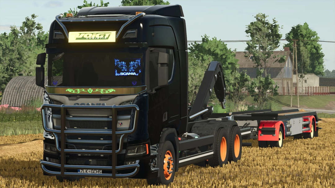 Scania R HKL with Hueffermann container trailer mod in FS25, parked in a field.