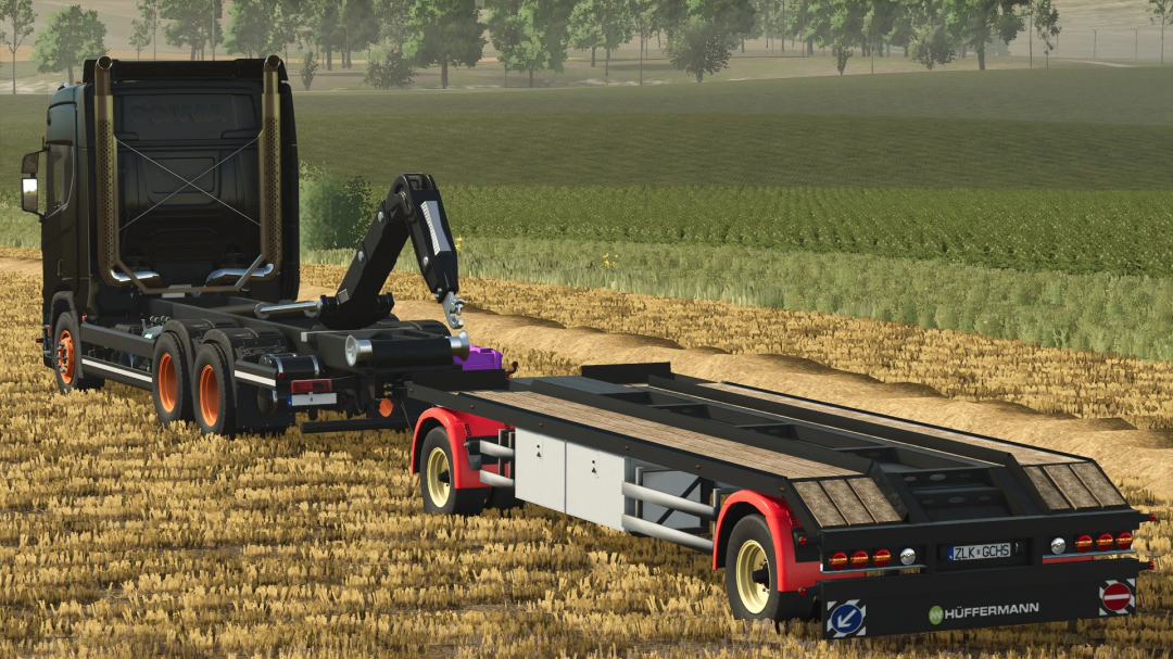 FS25 Scania R HKL with Hueffermann HKL trailer on a farm field