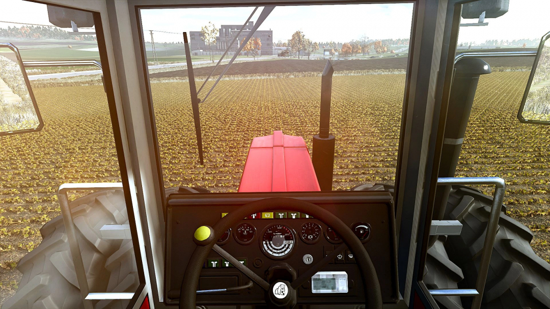 View from inside Schlüter 2500 VL tractor cab in FS25 mod, overlooking a cultivated field.