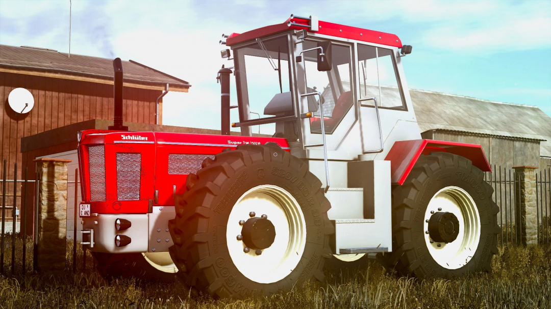 FS25 mod Schlüter 2500 VL v1.0.0.0 showcased with a red and white tractor parked on a farm in Farming Simulator 25.