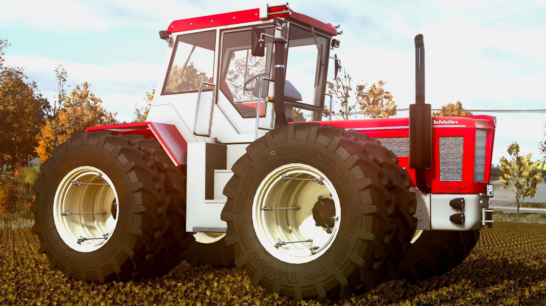 Schlüter 2500 VL tractor mod in Farming Simulator 25 featuring large tires and red cab on a sunny field.