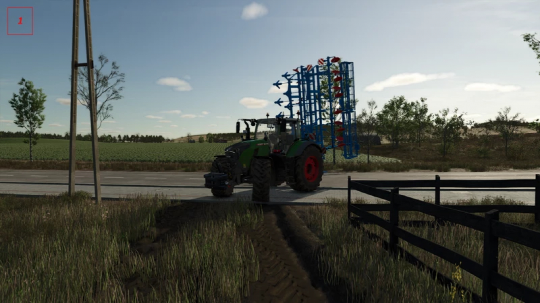 Farming Simulator 25 mod: Smaragd 9 Plus Th01 v1.1.0.0. Tractor with cultivator on a country road.