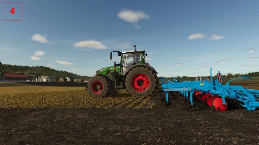 FS25 mod Smaragd 9 Plus Th01 v1.1.0.0 in action, showcasing a tractor plowing a field under a clear sky in Farming Simulator 25.