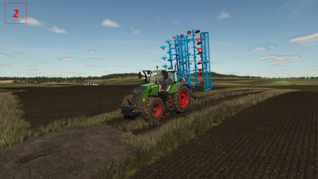 Tractor in Farming Simulator 25 with Smaragd 9 Plus Th01 mod, v1.1.0.0, cultivating a field.