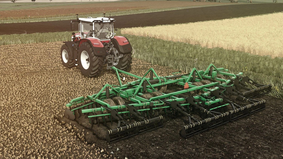 FS25 mod Summers DT2510 Diamond Disk working on a field in Farming Simulator 25.