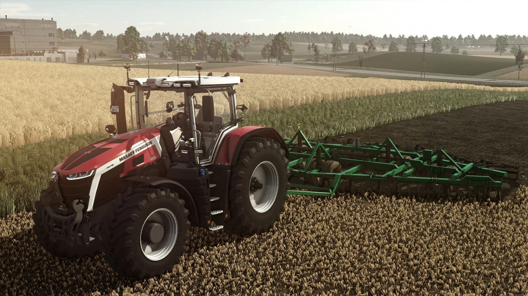 Massey Ferguson tractor with Summers DT2510 Diamond Disk in FS25 mod, cultivating a field.