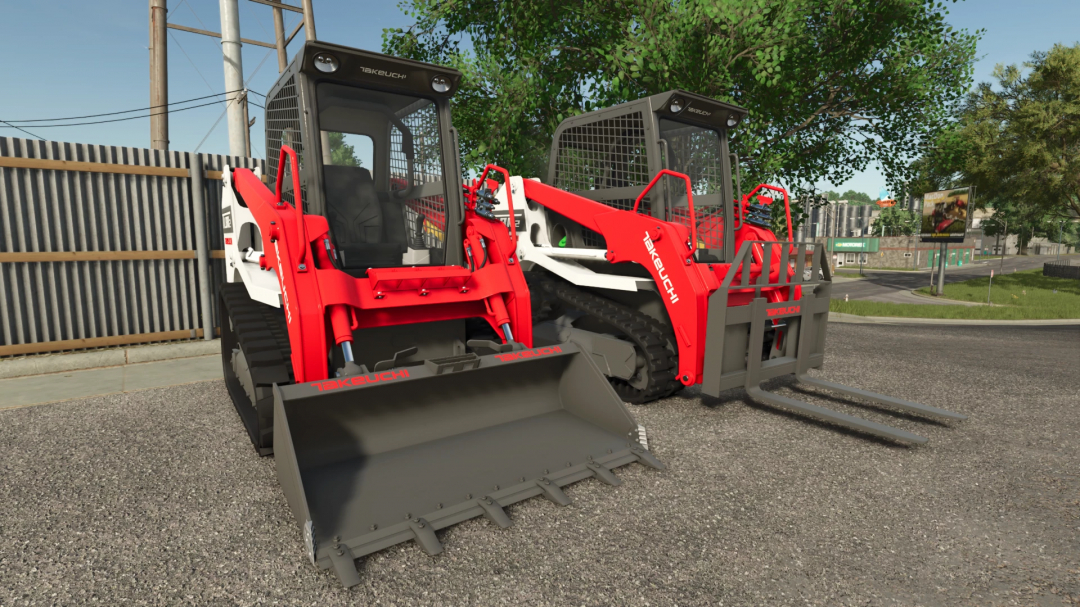 FS25 mod Takeuchi TL8R2 v1.0.0.0 showing two skid steer loaders in a farm setting.