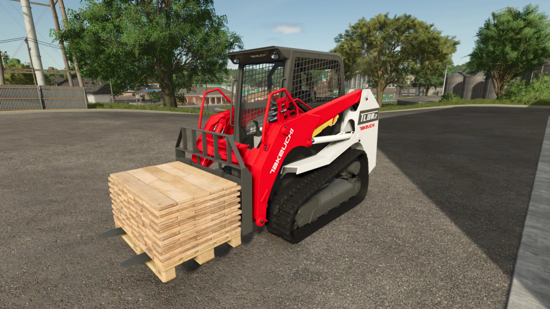 Takeuchi TL8R2 v1.0.0.0 mod for FS25 lifting a wooden pallet in Farming Simulator 25.