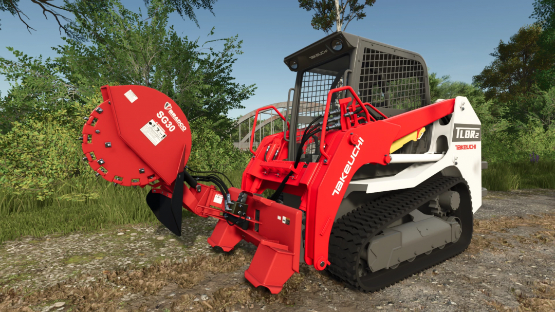 FS25 mod Takeuchi TL8R2 v1.0.0.0 skid steer with FAE SG30 grinder attachment in a forest scene.