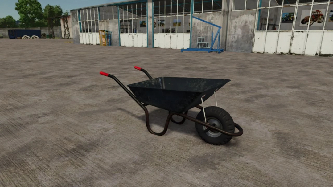 Talicska Wheel Barrow mod for FS25 in a barnyard setting.