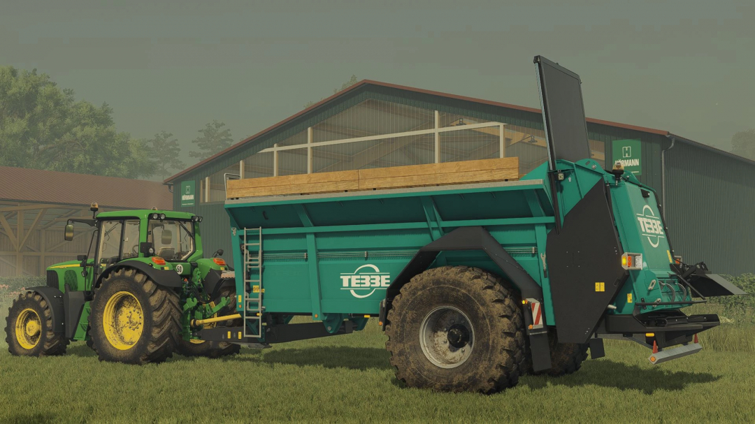 FS25 mod Tebbe MS140 spreader attached to a tractor in a farm setting, showcasing Farming Simulator 25 mods.