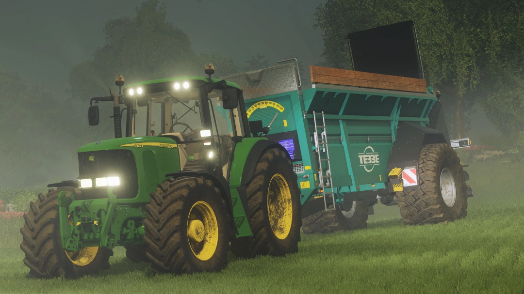 FS25 Tebbe MS140 mod v1.0.0.0 showcased on a tractor in a misty field.