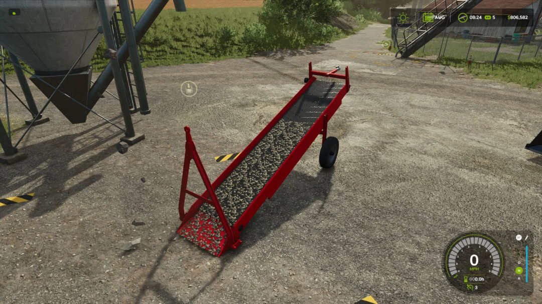 FS25 Tools Pack for Stones v1.0.0.0 mod showing a red stone conveyor on a farm.