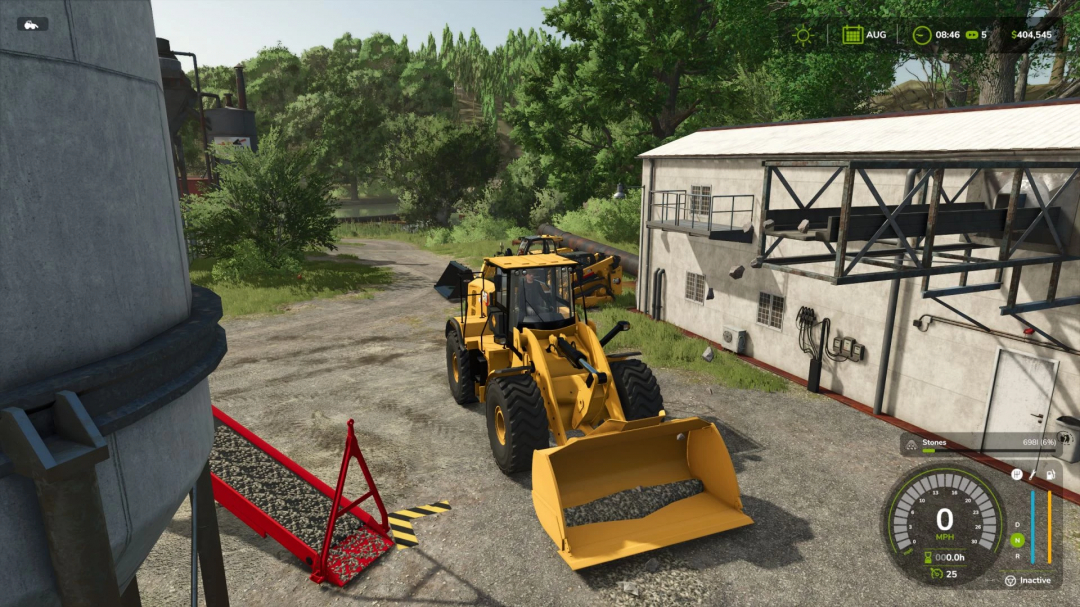 FS25 Tools Pack for Stones mod showcasing a yellow loader at a construction site.