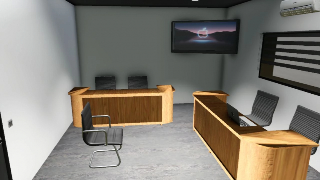 Interior of Town Hall mod in FS25 featuring wooden desks and chairs with a wall-mounted screen.