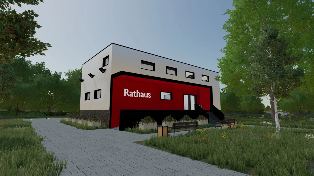 FS25 mod: Town Hall v1.0.0.0 features a modern building labeled 'Rathaus' surrounded by greenery.