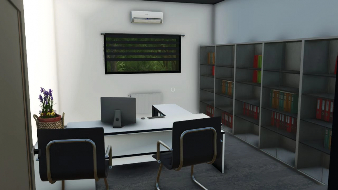 FS25 Town Hall v1.0.0.0 mod: modern office with desk, chairs, shelves, and window view.