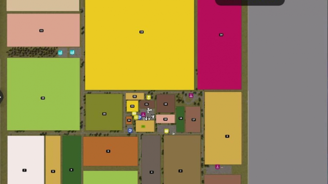 Map layout of FS25 mod US Farmer v1.0.0.2 showing fields in various colors and numbers.