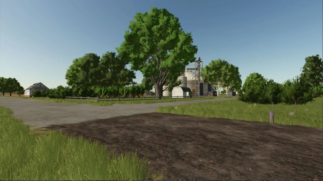 Farming Simulator 25 mods - US Farmer v1.0.0.2 showcasing a rural landscape with trees, grass, and silos.