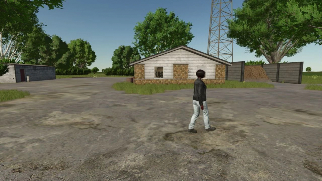 Character walking in a farm setting with a small building, trees, and a tower in Farming Simulator 25's US Farmer v1.0.0.2 mod.