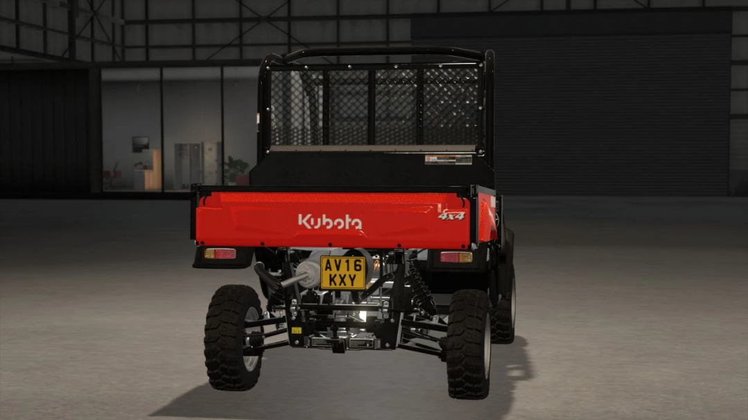 FS25 mod showing UK license plate on a red Kubota vehicle, enhancing realism in Farming Simulator 25.