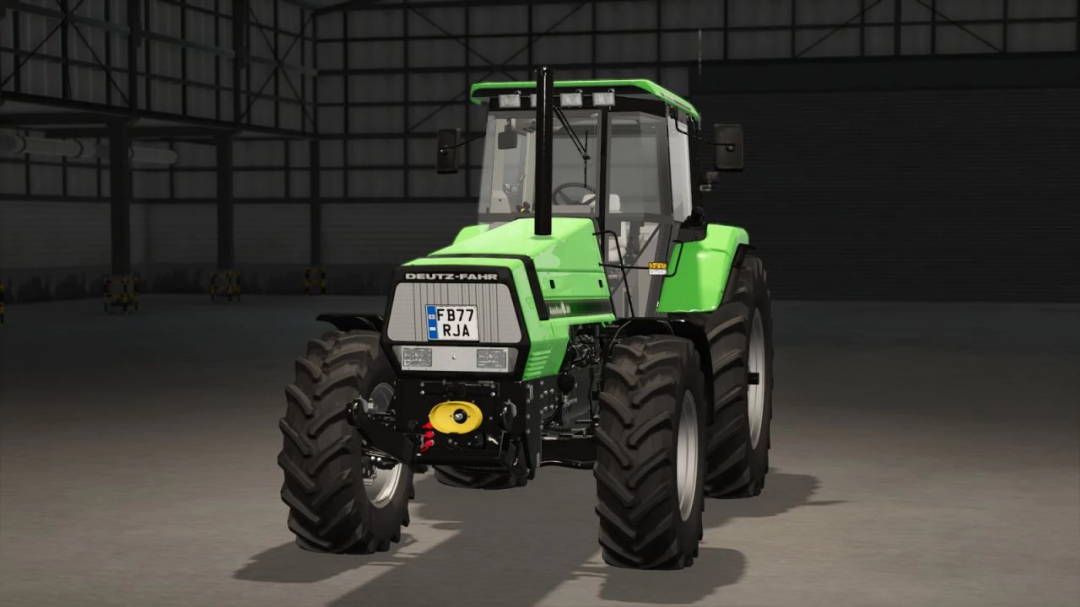 Green tractor with UK license plates mod in FS25