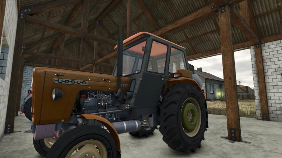 Ursus C360 FS25 mod in a barn setting, showcasing classic tractor design in Farming Simulator 25.