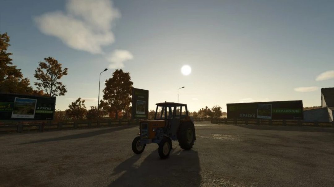 Ursus C360 tractor mod in FS25, silhouetted against a sunset.