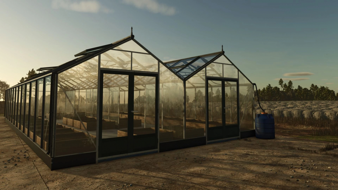 FS25 mod Vegetable greenhouse v1.0.0.0 featuring glass structure in a rural landscape.