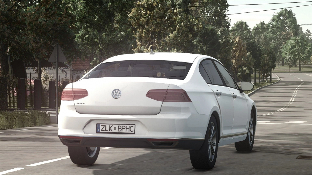 FS25 mod features a white Volkswagen Passat on a scenic road.