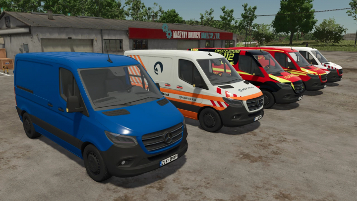 fs25-mods,  FS25 mod showing a lineup of 2018 Mercedes-Benz Sprinter vans in various colors and logos in Farming Simulator 25.