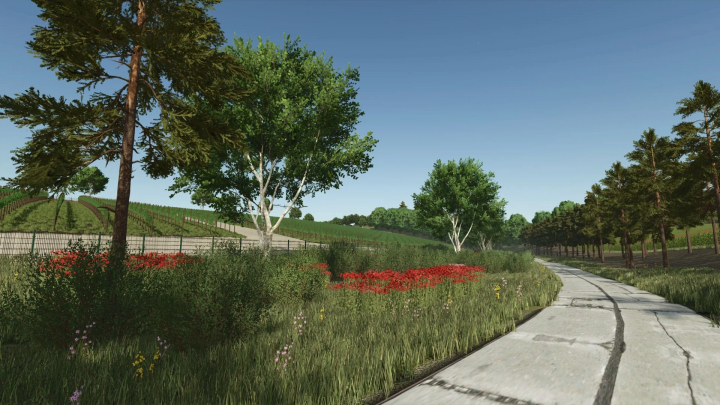 fs25-mods,  Scenic view of a vineyard and lush greenery in the 3 dvory v1.3.0.1 mod for Farming Simulator 25, with a tree-lined path.