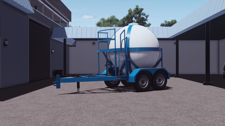 fs25-mods, FS25 mod AG Spray Equipment Sphere V1.0.0.0 showing a blue trailer with a white tank in a garage.