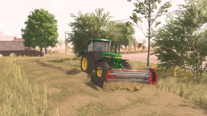 fs25-mods, FS25 BBU Clementer 300 F Eco mod showing a green tractor with a mower working in a grassy field.