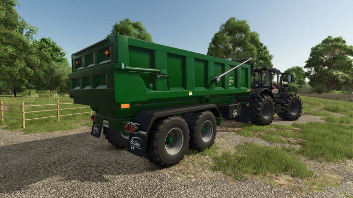 fs25-mods,  Bailey High Lift Trailer v1.0.0.0 mod for FS25, green trailer attached to a tractor on a farm road.