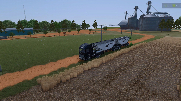 fs25-mods,  FS25 mod Brazilian Silo v1.0.0.0 showcasing a truck with trailers near silos and a field.