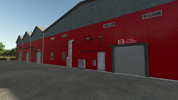 fs25-mods, FS25 mod Brico Dépôt v1.0.0.0 features a red and gray warehouse with no entry sign, enhancing Farming Simulator 25 gameplay.