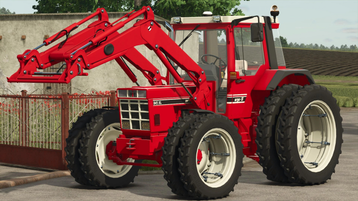 fs25-mods, FS25 mod: Case IH 845 XL v1.0.0.0 tractor in Farming Simulator 25, red design with front loader attachment.