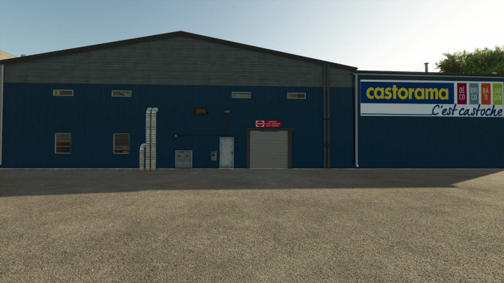 fs25-mods, FS25 mod Castorama v1.0.0.0 features a large blue warehouse exterior with Castorama branding.