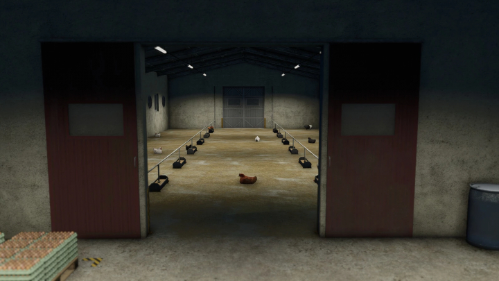 fs25-mods, Interior of Chicken Coop 31x12 mod in FS25, featuring chickens and feeders.