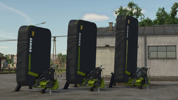 fs25-mods, Claas Disco Pack v1.0.0.0 mod for FS25 showcasing three upright mowers on a farm background.