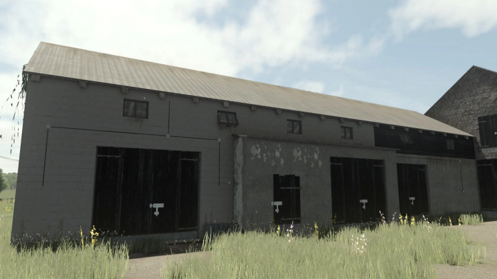 fs25-mods,  Cow Barn With Garages mod in FS25, showcasing a large barn with multiple doors and a weathered exterior.