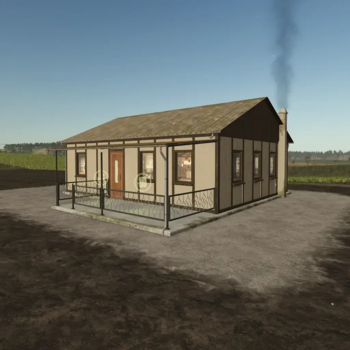 fs25-mods,  FS25 DDR Hallen Pack mod showing a small rustic house with a veranda in Farming Simulator 25.