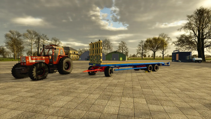 fs25-mods, FS25 mod DPW 180 Langholz v1.1.0.0 showing a red tractor and a long blue trailer on a farm setting.