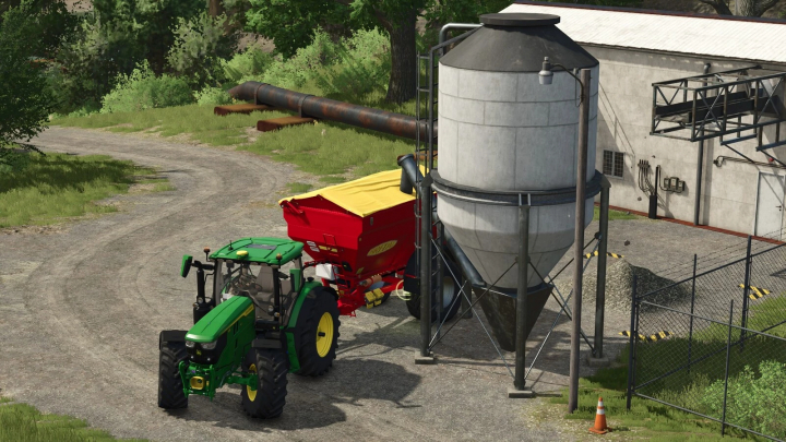 fs25-mods, Green tractor with red attachment near a silo in FS25, showcasing the Disable Cover Auto State Change v1.0.0.0 mod.