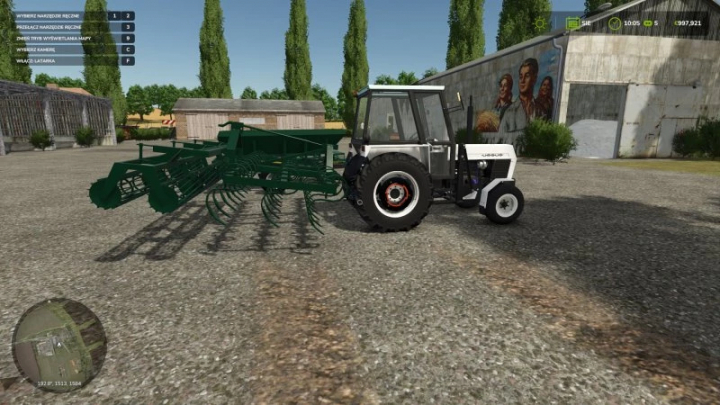 fs25-mods,  FS25 Cultivator 4 meters attached to a tractor in Farming Simulator 25 mod, showcasing detailed farming equipment.