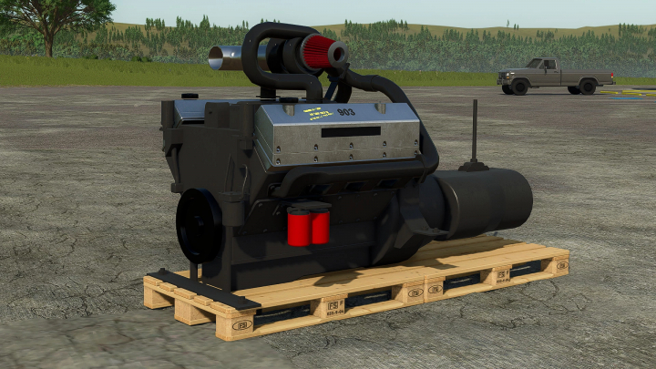 fs25-mods, FS25 Cummins 903 V8 Turbo Diesel mod displayed on a wooden pallet in Farming Simulator 25.